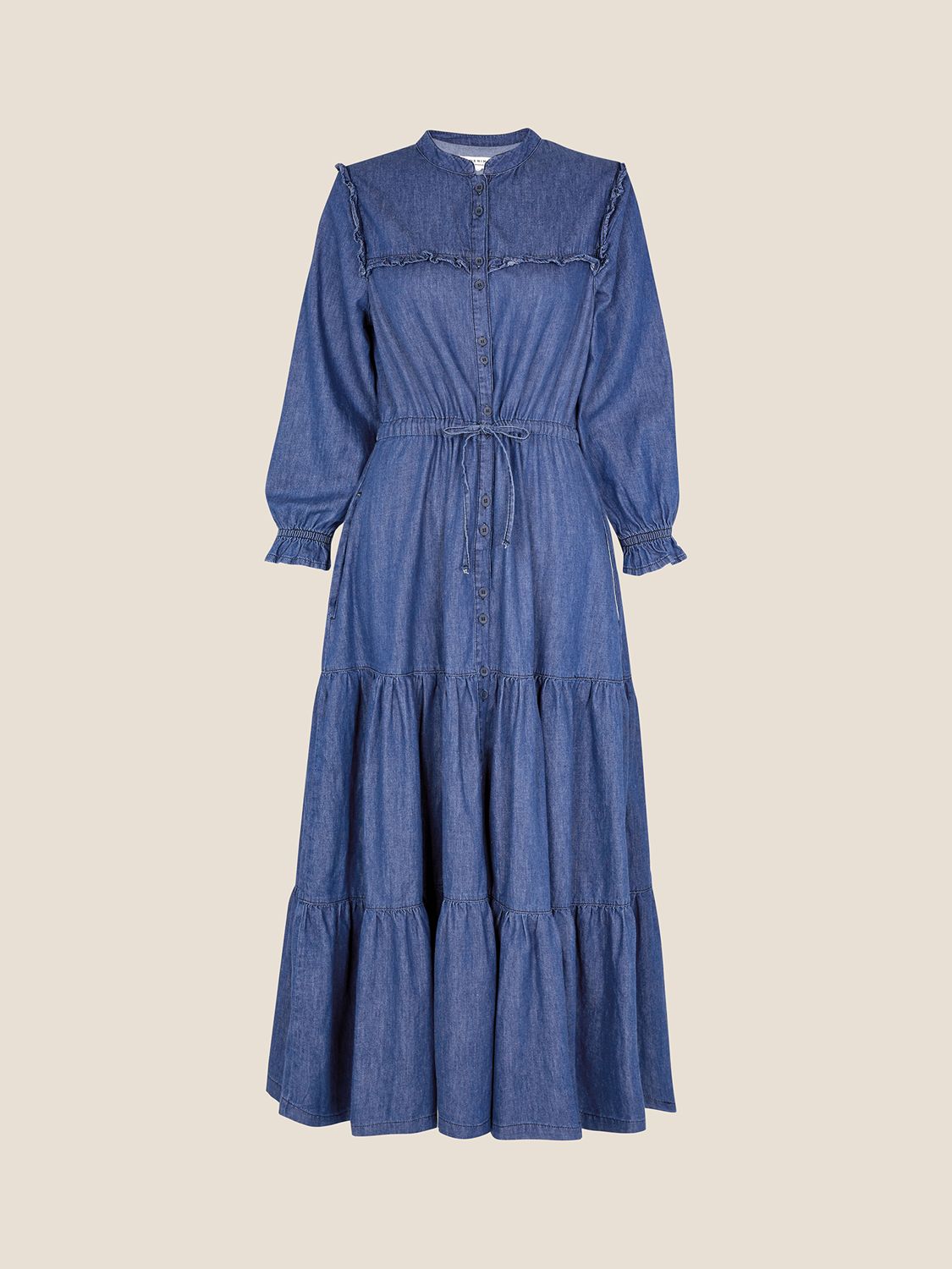 Monsoon Tiered Denim Midi Dress, Blue at John Lewis & Partners