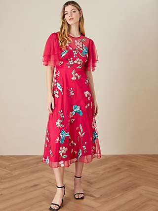 Monsoon Lillie Floral Embroidered Midi Dress, Red/Multi