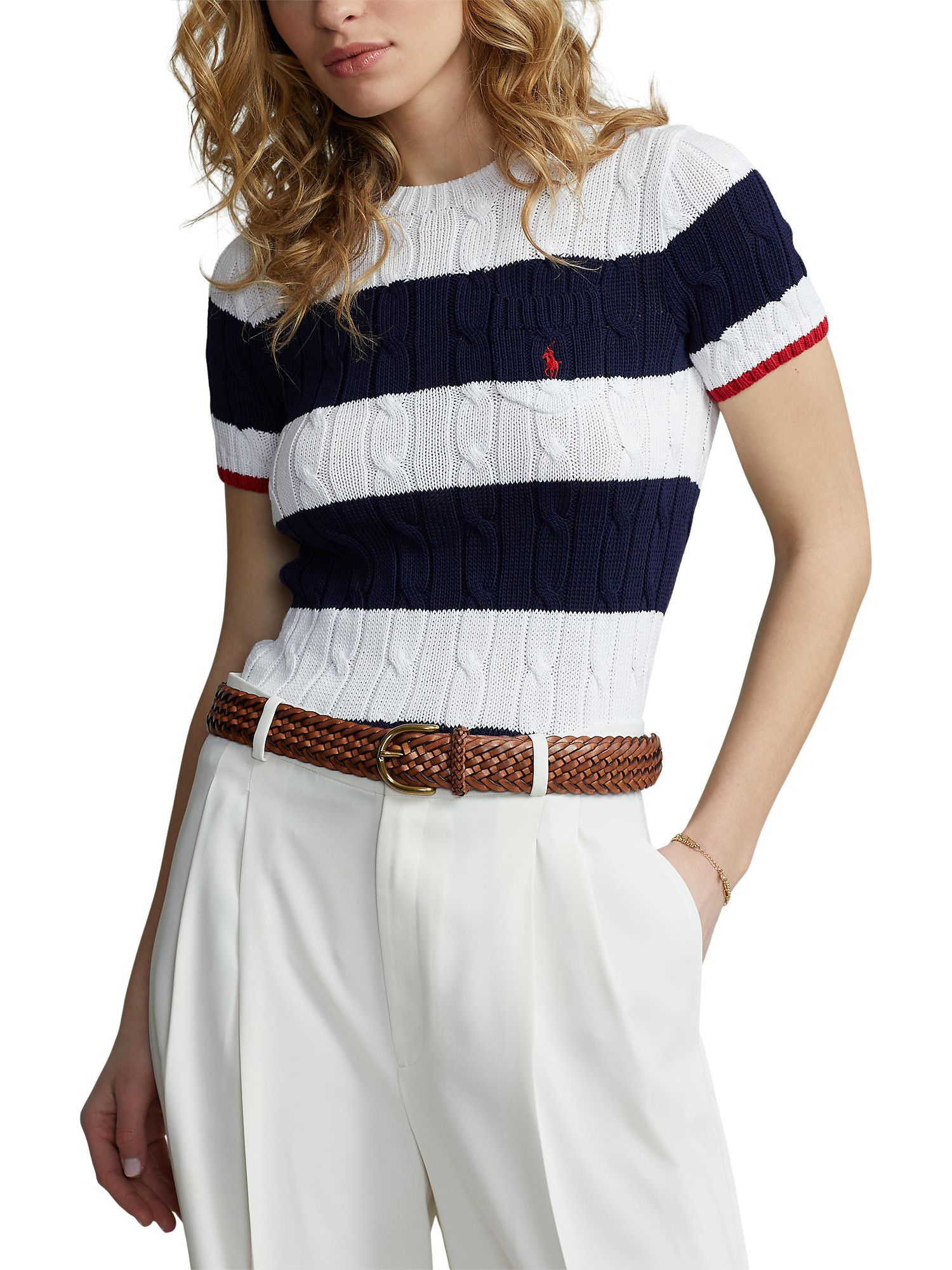 Polo Ralph Lauren Stripe T-Shirt Knit Jumper, White/Hunter Navy
