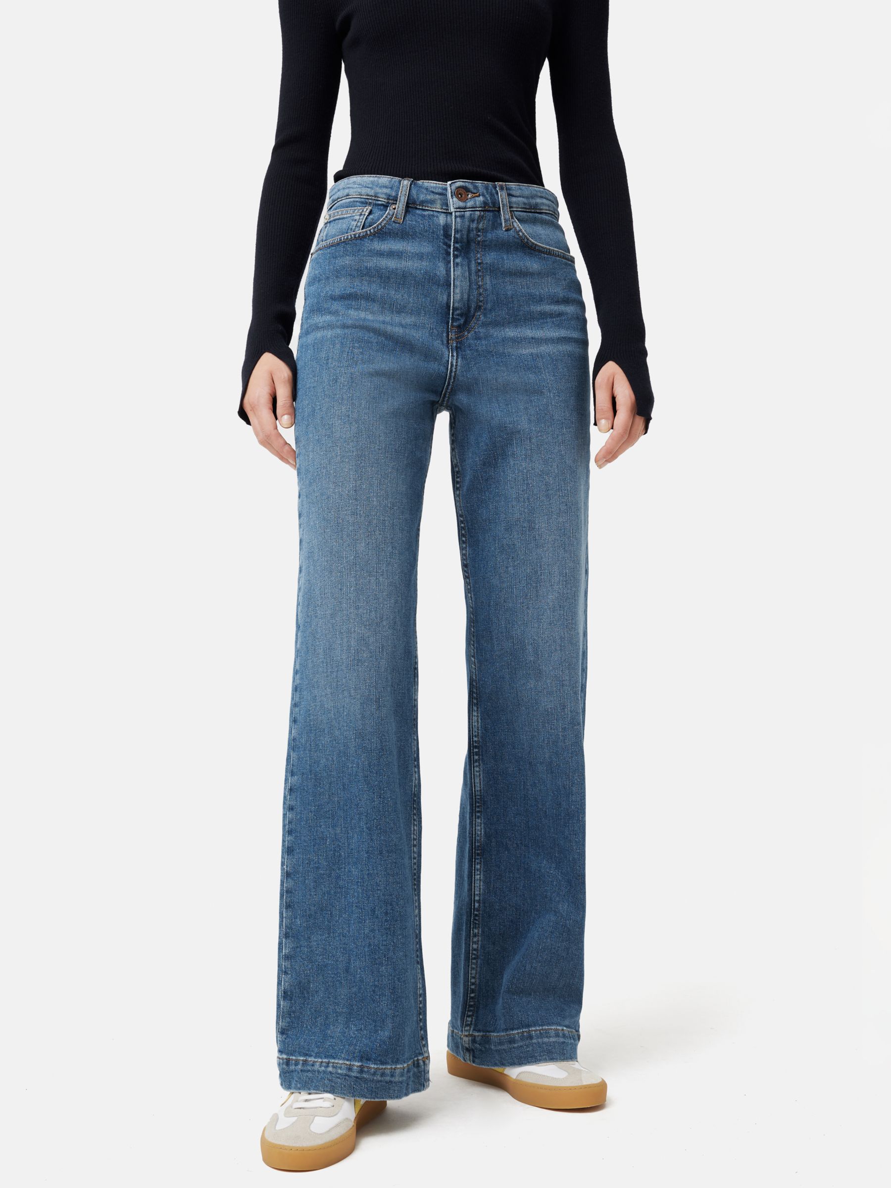 Lady Jeans Design MID-Blue Fabric Stitching High-Waist Wide Leg