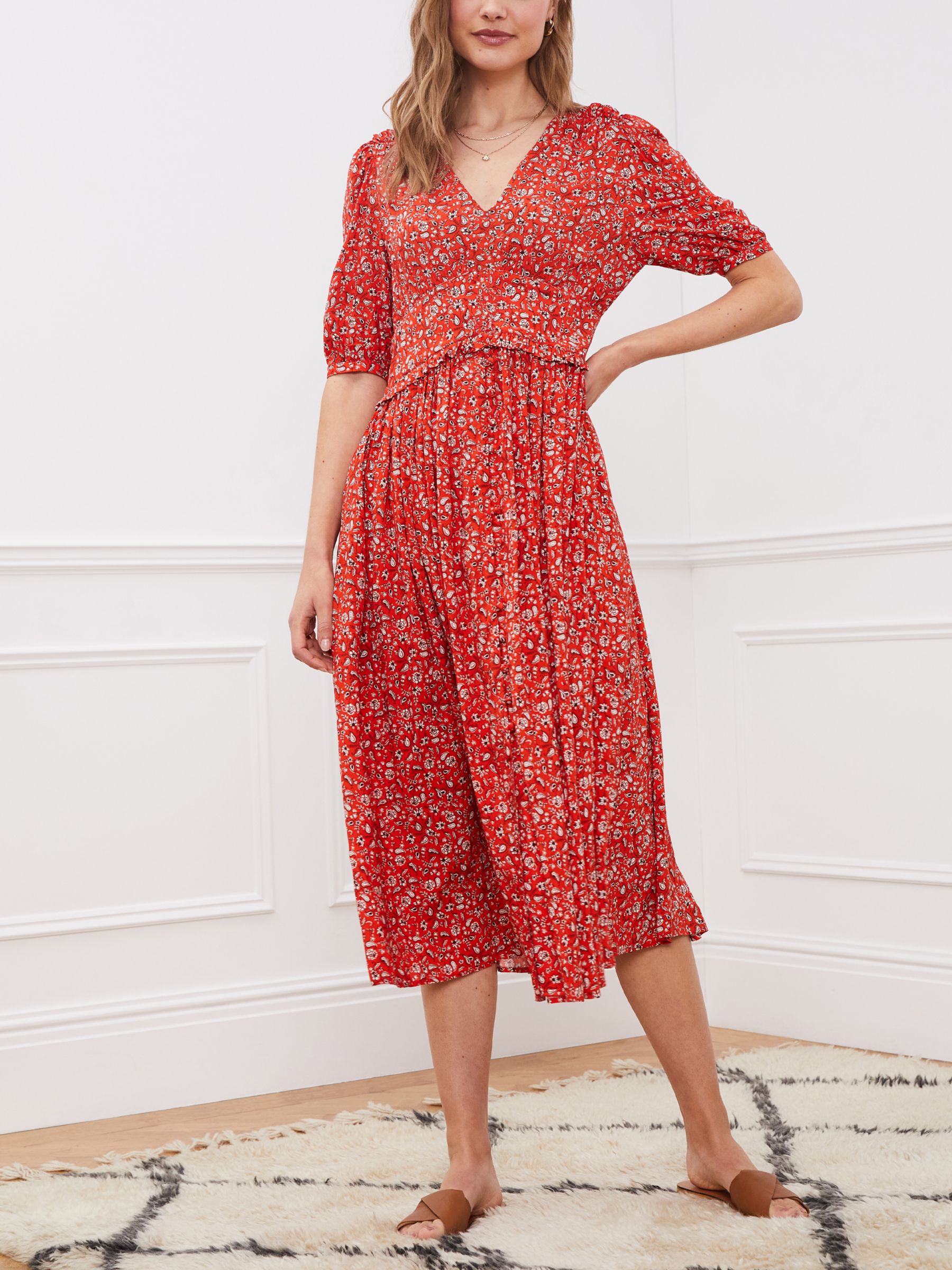 Baukjen Suzy Curved Waist Floral Midi Dress, Tangerine Folk, 6