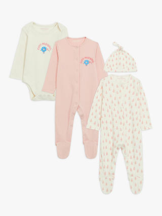 John Lewis ANYDAY Baby Good Morning Flower Bodysuit, Sleepsuit & Hat Set, Pink/Multi