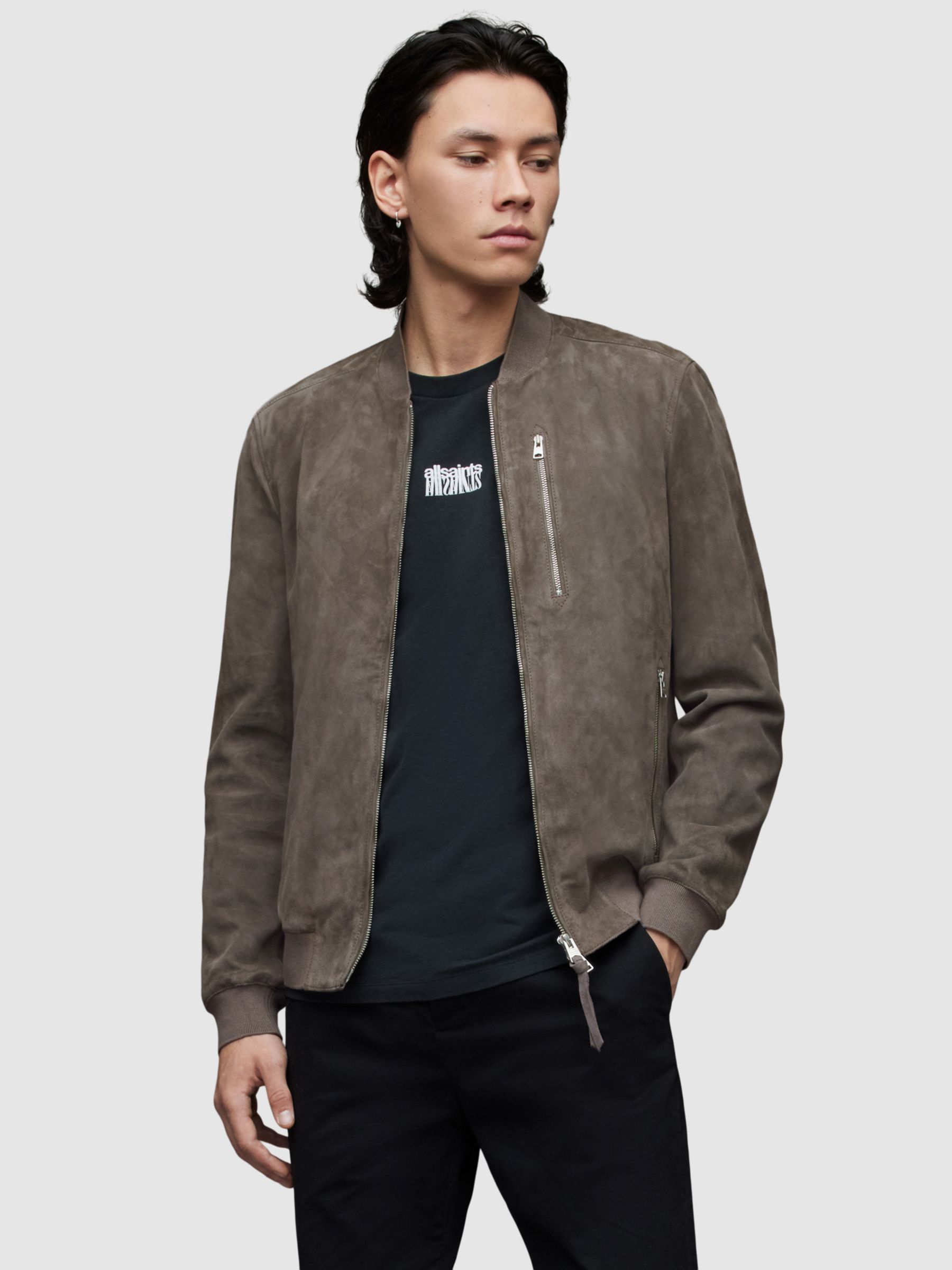 AllSaints Kemble Leather Bomber Jacket, Concrete Grey at John Lewis ...