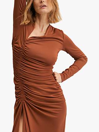 Mango Quini Ruched Side Split Midi Dress, Rust/Copper