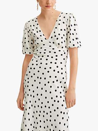 Mango Dots Satin Spot Print Midi Dress, Natural White