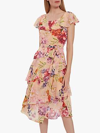 Gina Bacconi Joy Floral Chiffon Ruffle Dress, Blush/Multi