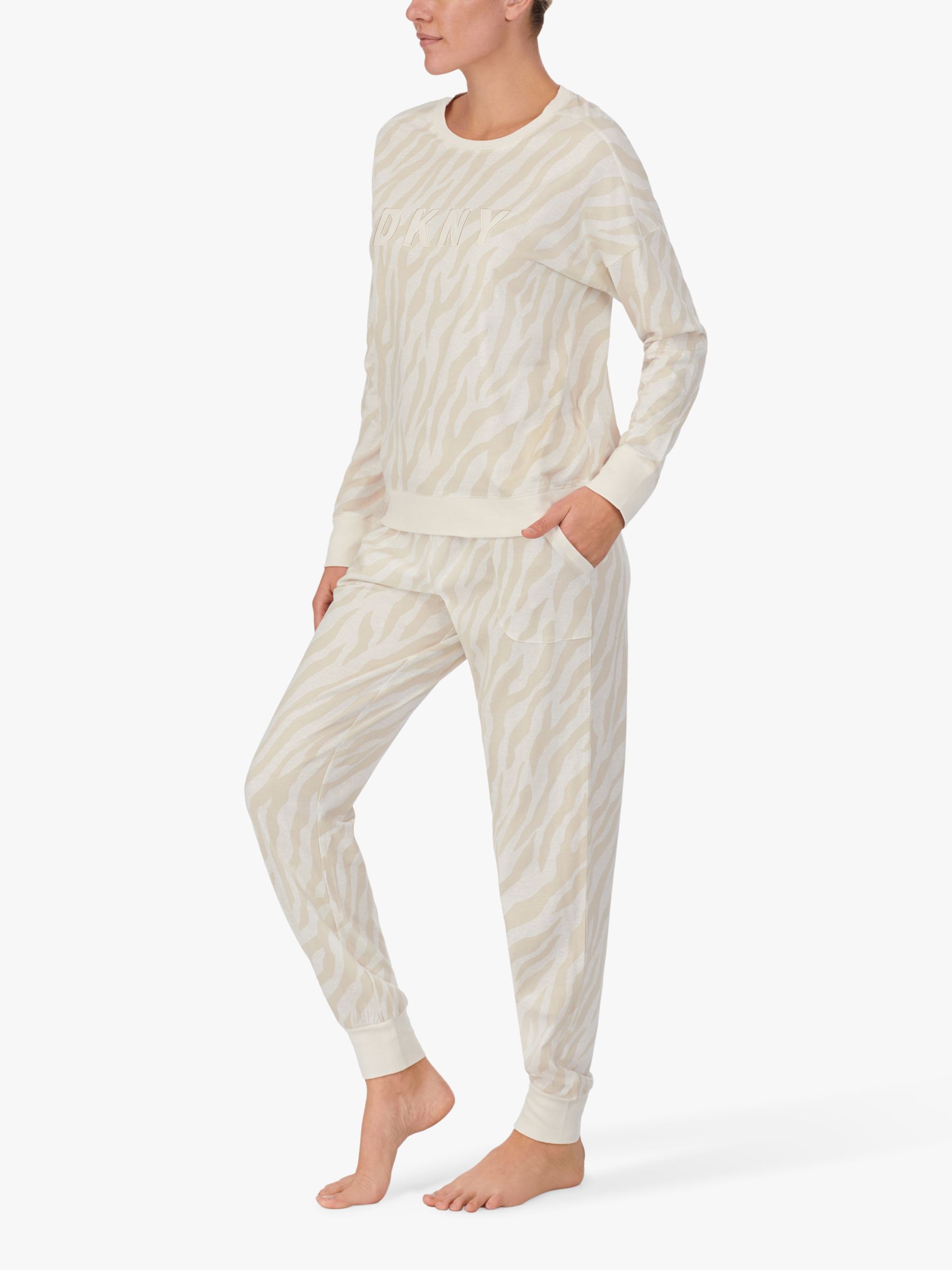 DKNY Zebra Signature Logo Long Sleeve Top & Joggers Lounge Set, Cream, S