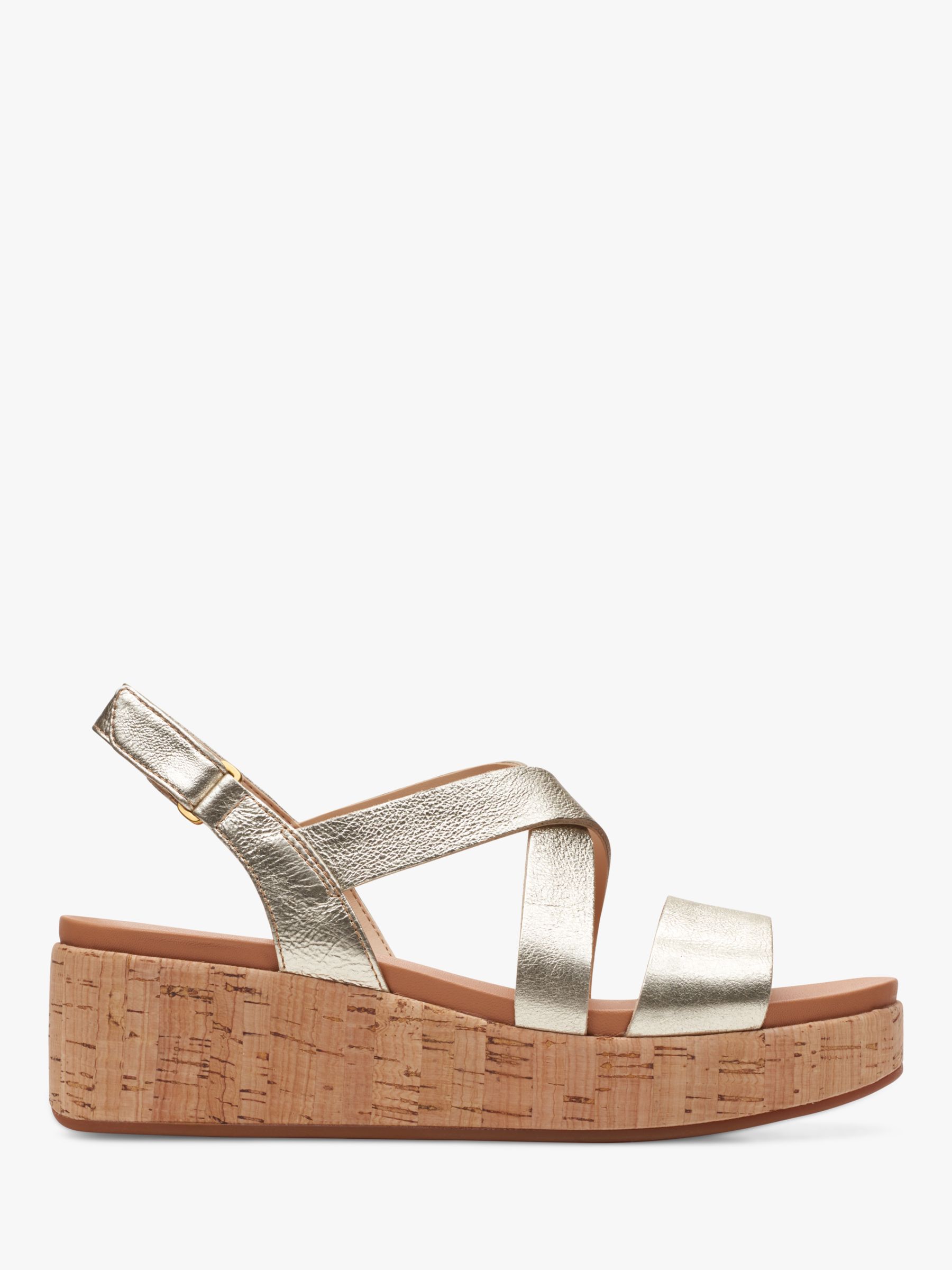 Clarks Kimmei Cork Wide Fit Leather Wedge Sandals, Champagne at John ...