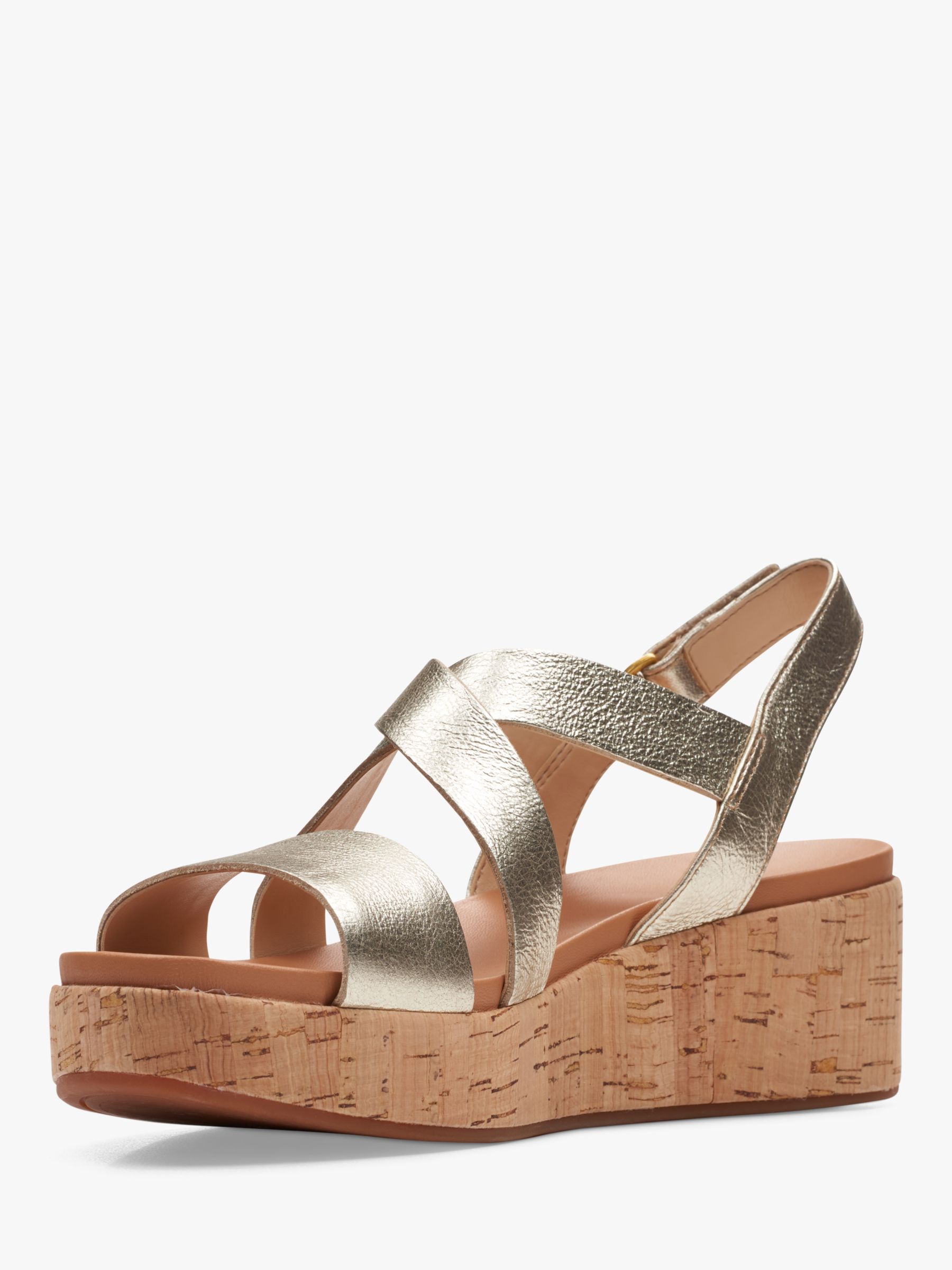 Clarks Kimmei Cork Wide Fit Leather Wedge Sandals, Champagne at John ...