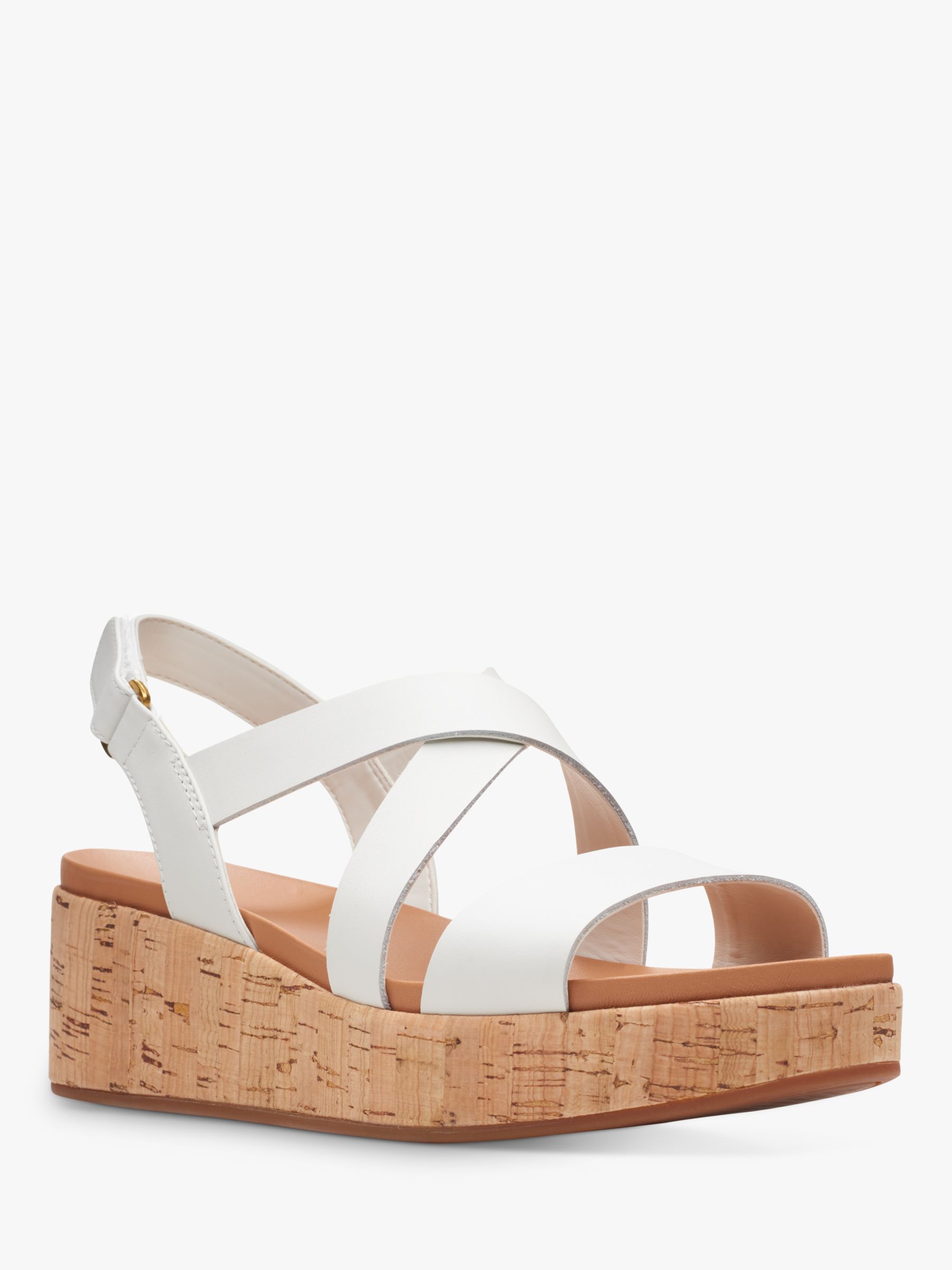 Clarks Kimmei Cork Wide Fit Leather Wedge Sandals, White at John Lewis ...