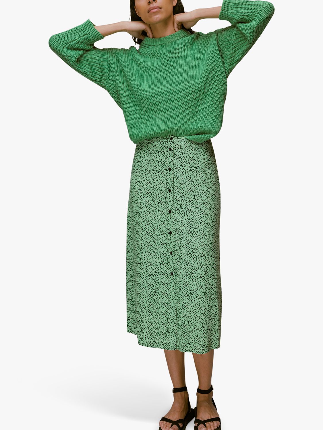 Whistles Leopard Print Midi Skirt, Green/Multi at John Lewis & Partners