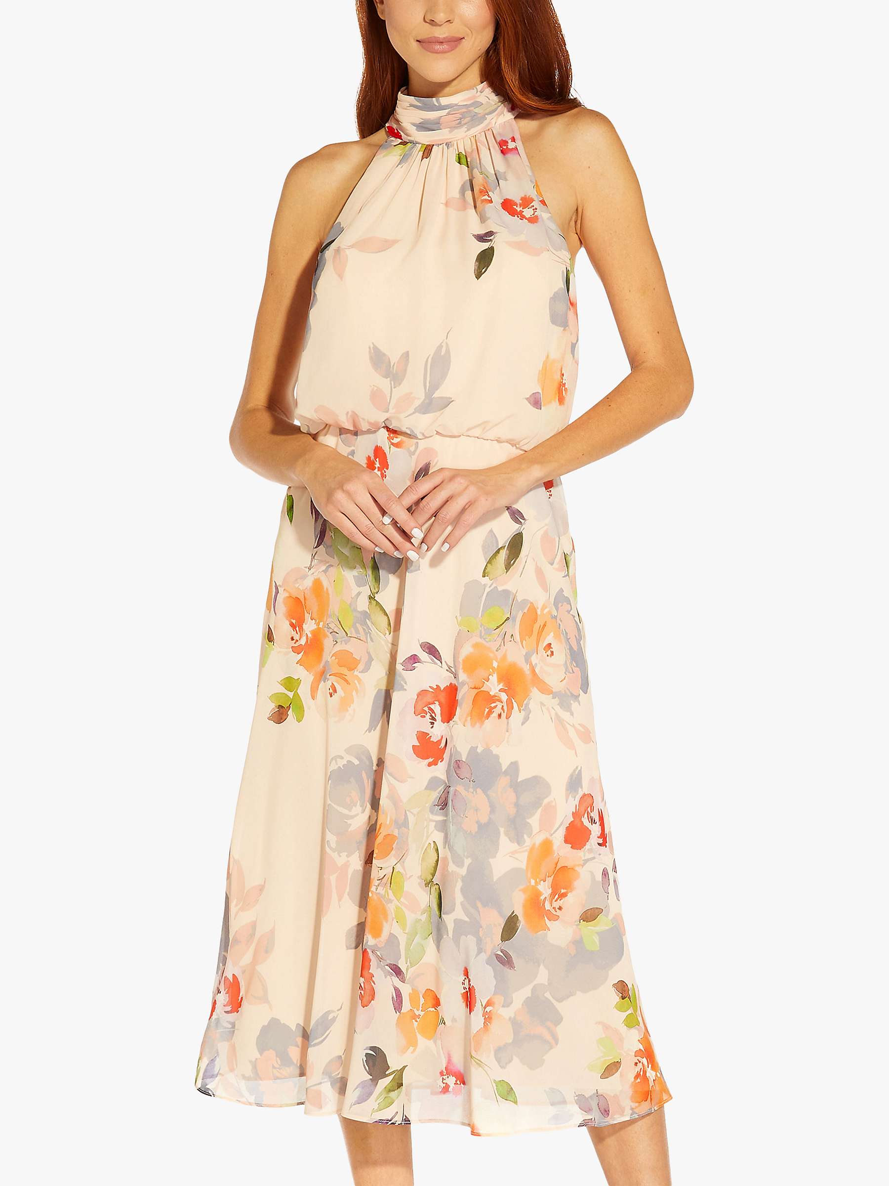 Buy Adrianna Papell Floral Halterneck Midi Dress, Sandshell/Multi Online at johnlewis.com