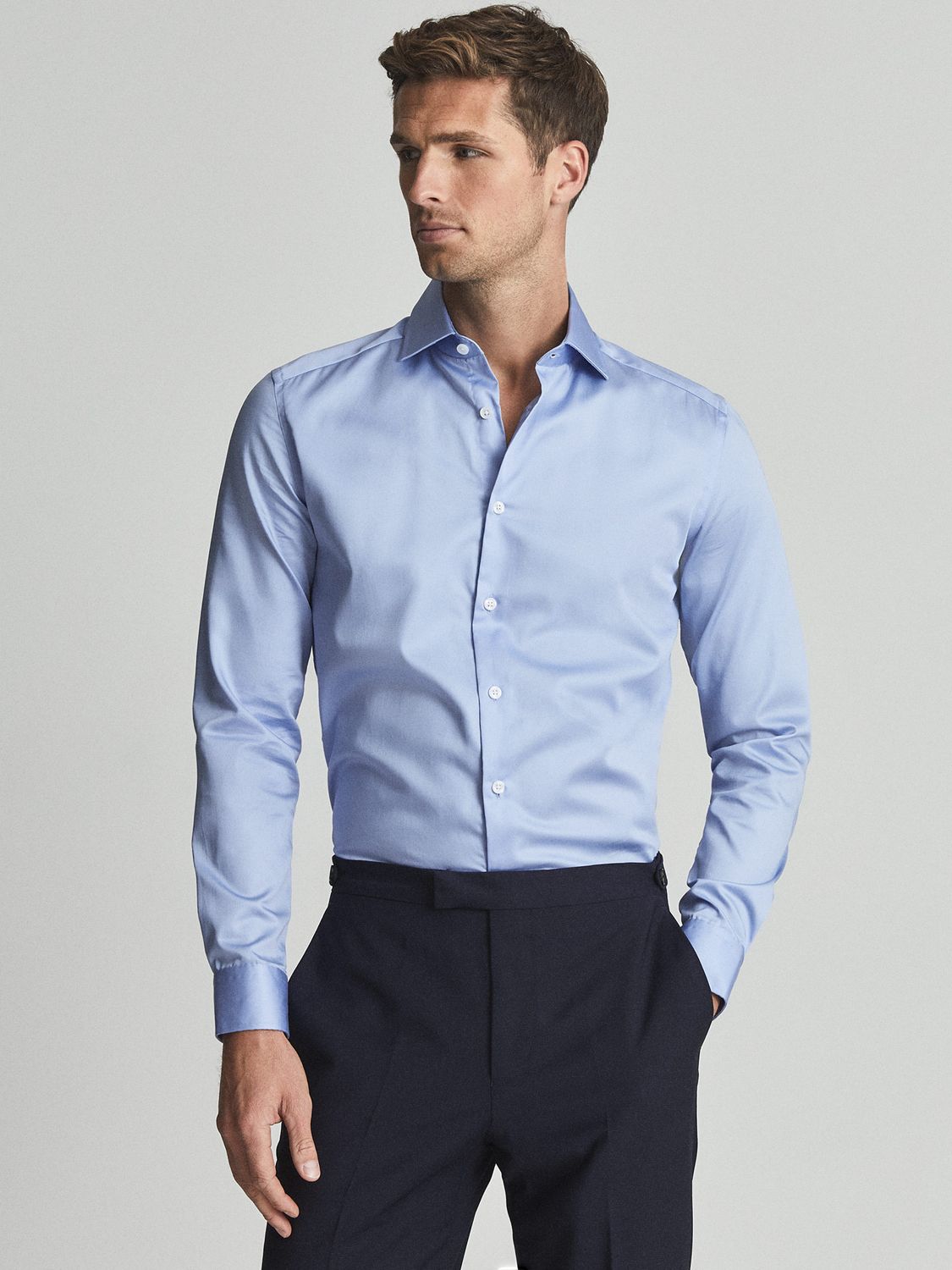 Reiss Remote Cotton Slim Fit Shirt, Mid Blue at John Lewis & Partners