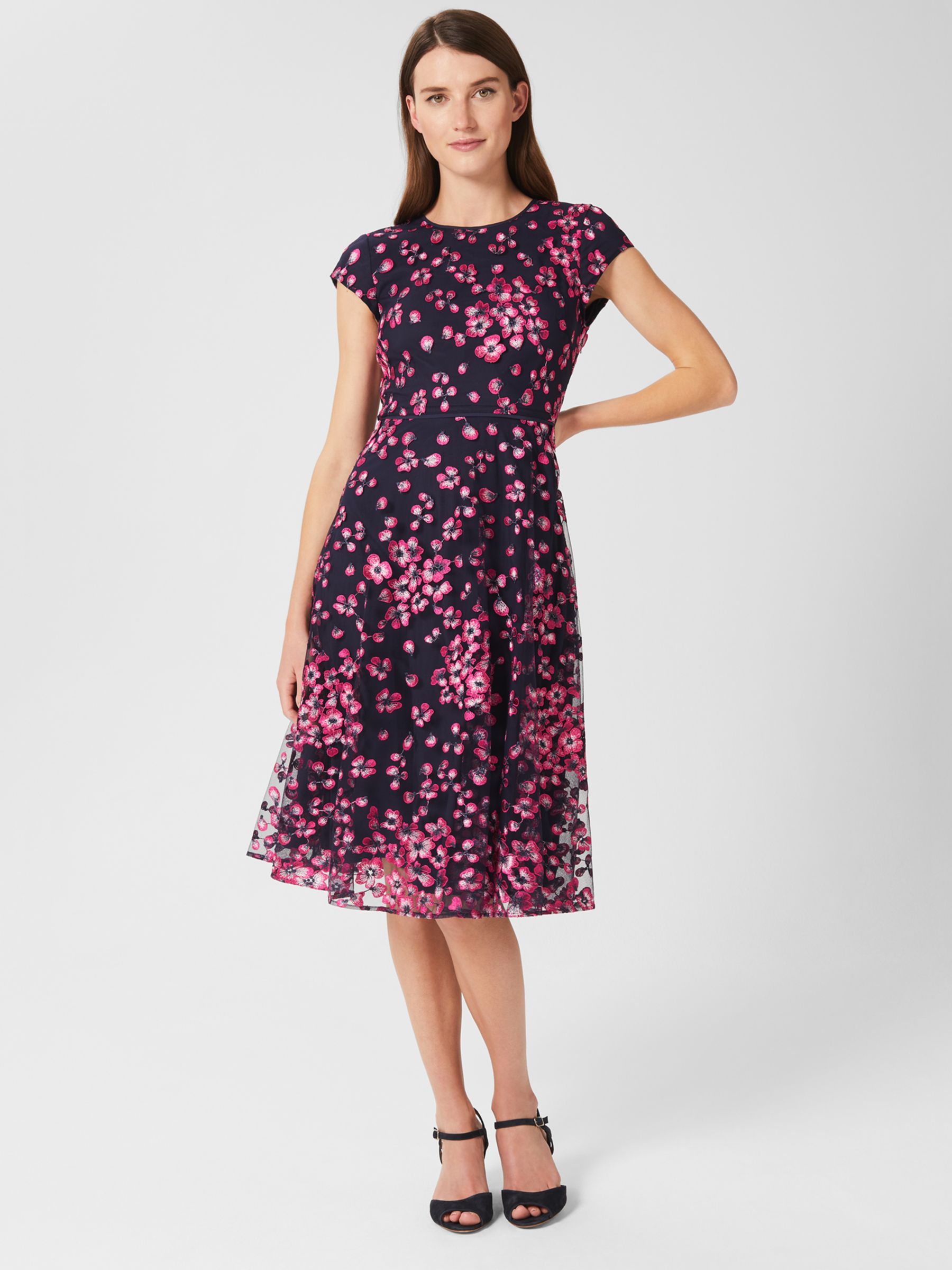 Hobbs Tia Embroidered Dress, Navy/Pink, 6
