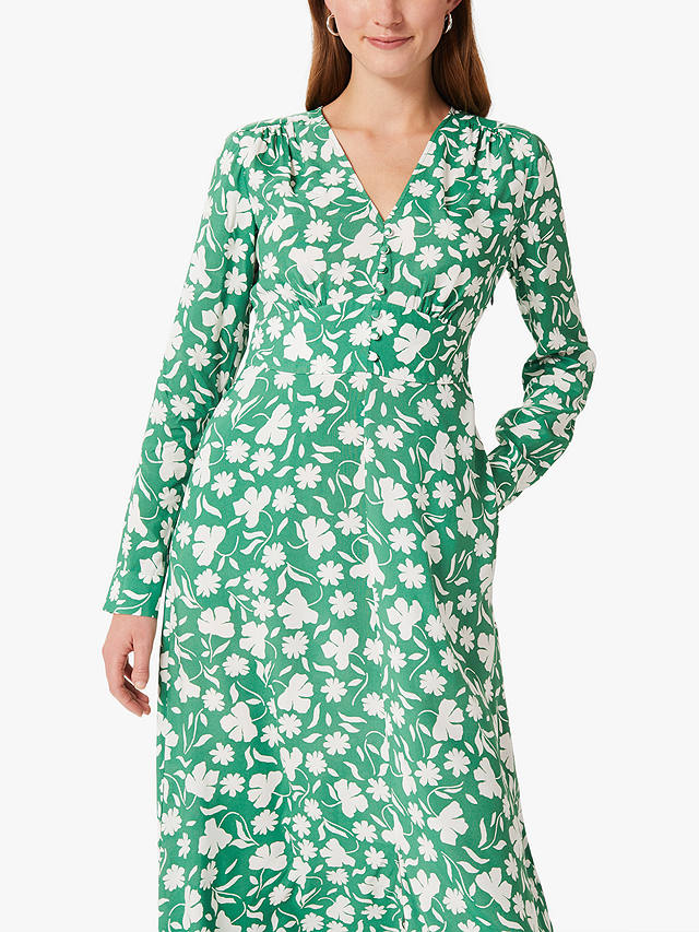 Hobbs Allison Floral Print Midi Tea Dress, Green/White
