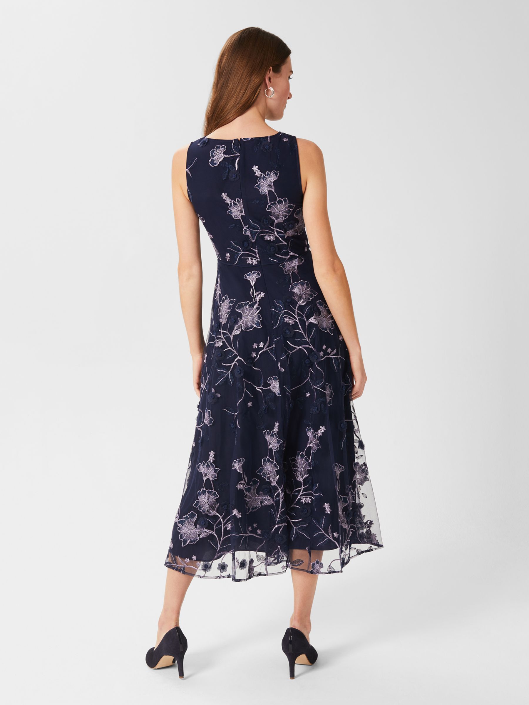 Hobbs Myla Embroidered Floral Midi Dress, Navy at John Lewis & Partners