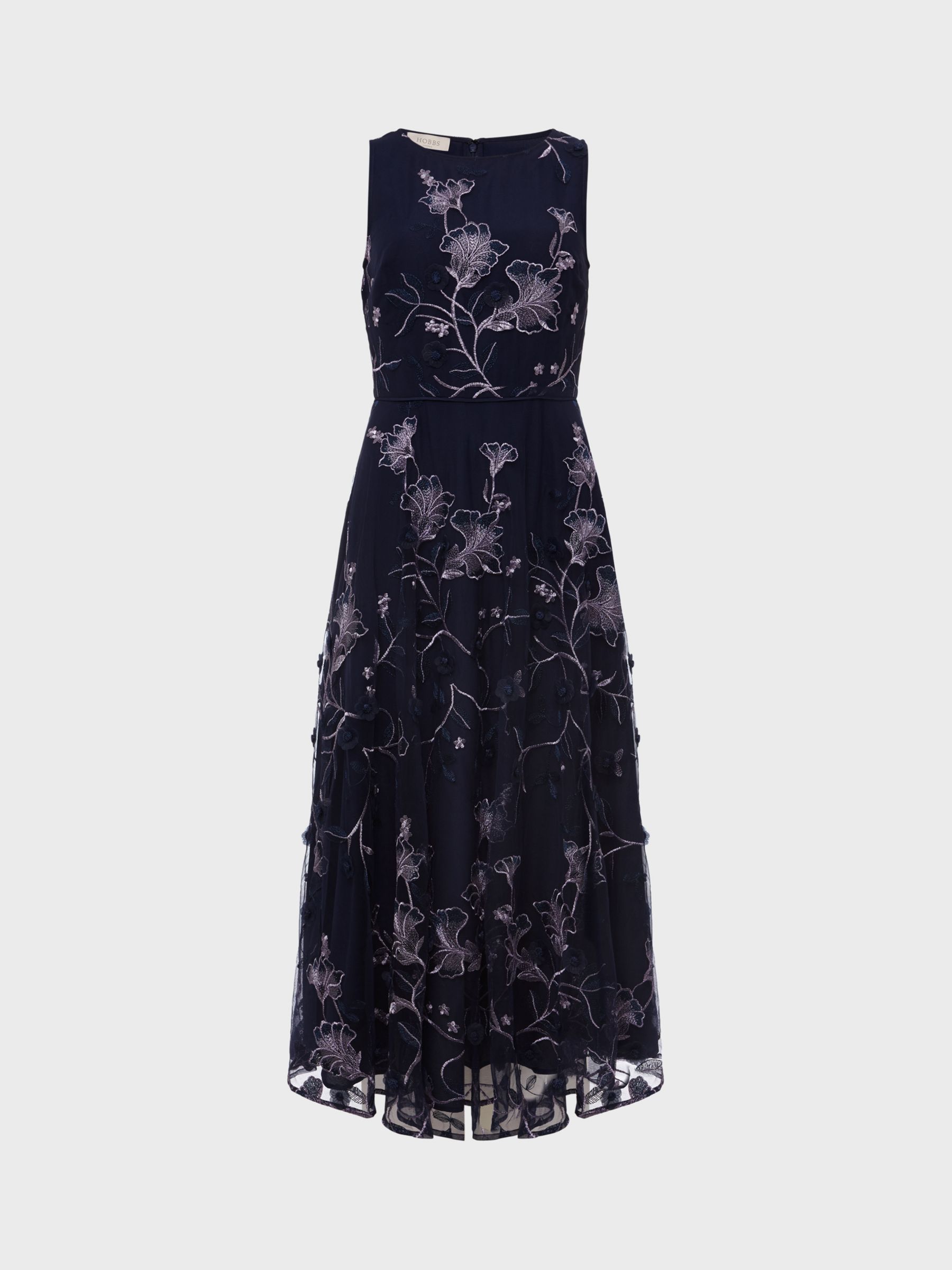 Hobbs Myla Embroidered Floral Midi Dress, Navy at John Lewis & Partners