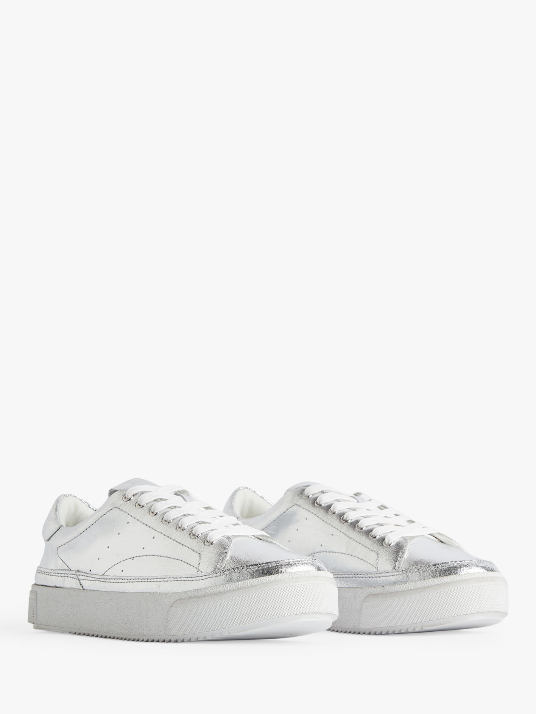 AllSaints Trish Leather Metallic Lace Up Trainers, Silver