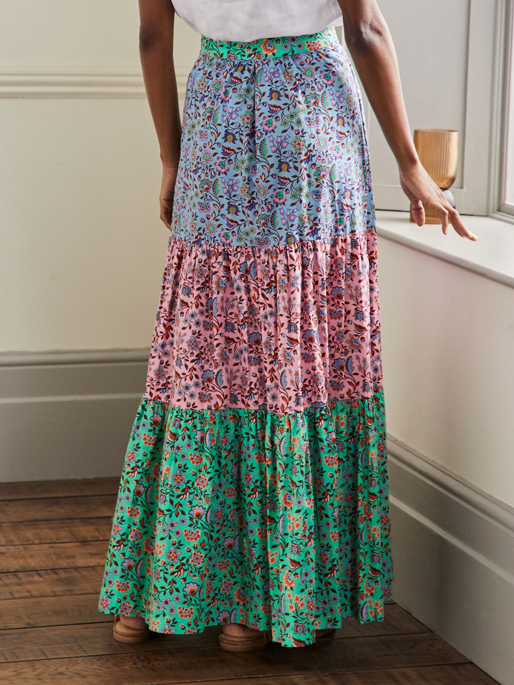 Boden Lorna Floral Print Tiered Maxi Skirt, Formica Pink at John Lewis ...