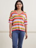 Boden Stripe Linen Knit V-Neck Top, Hot Coral/Rainbow