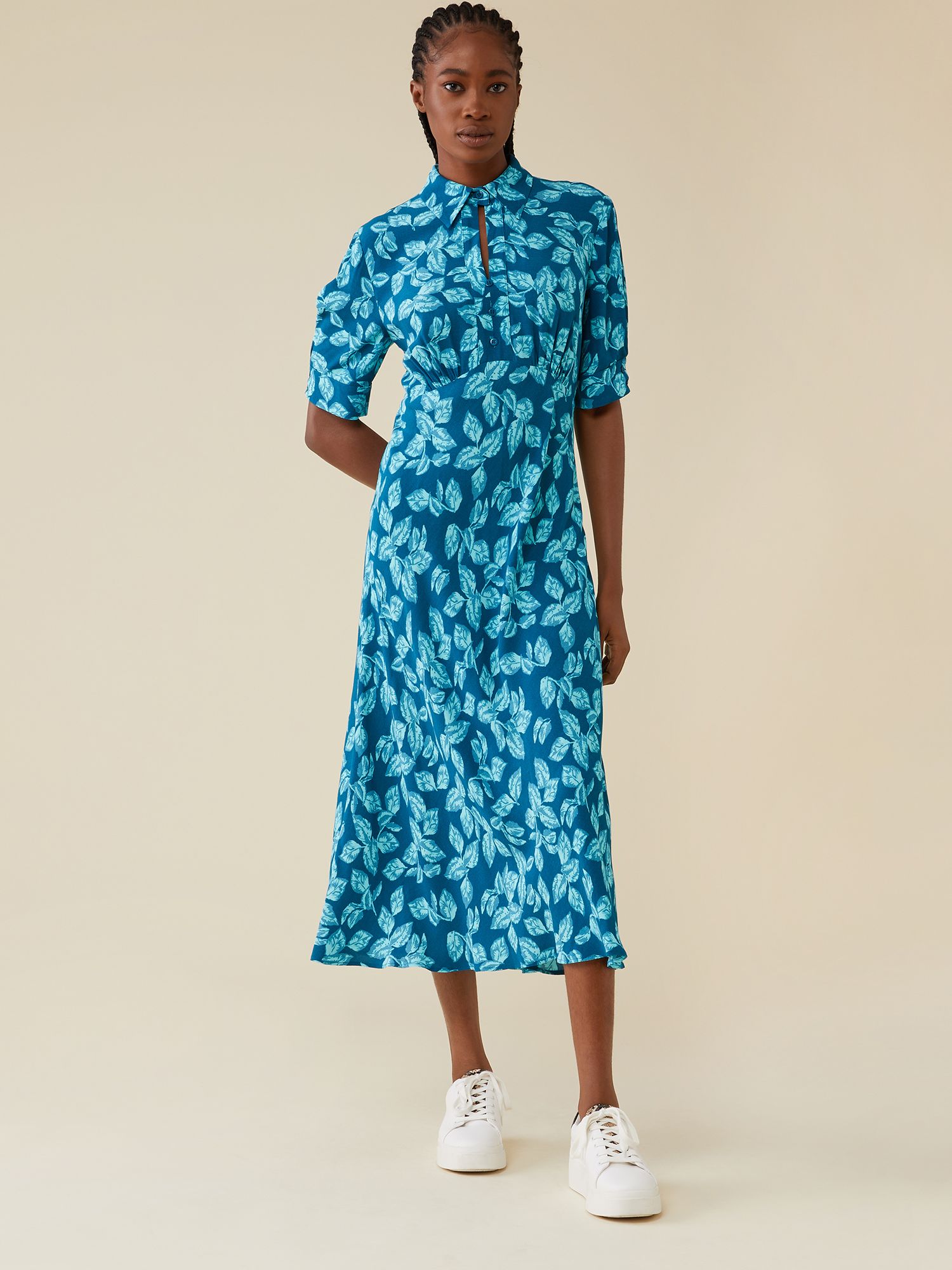 Finery Marta Leaf Print Midi Dress, Blue, 8