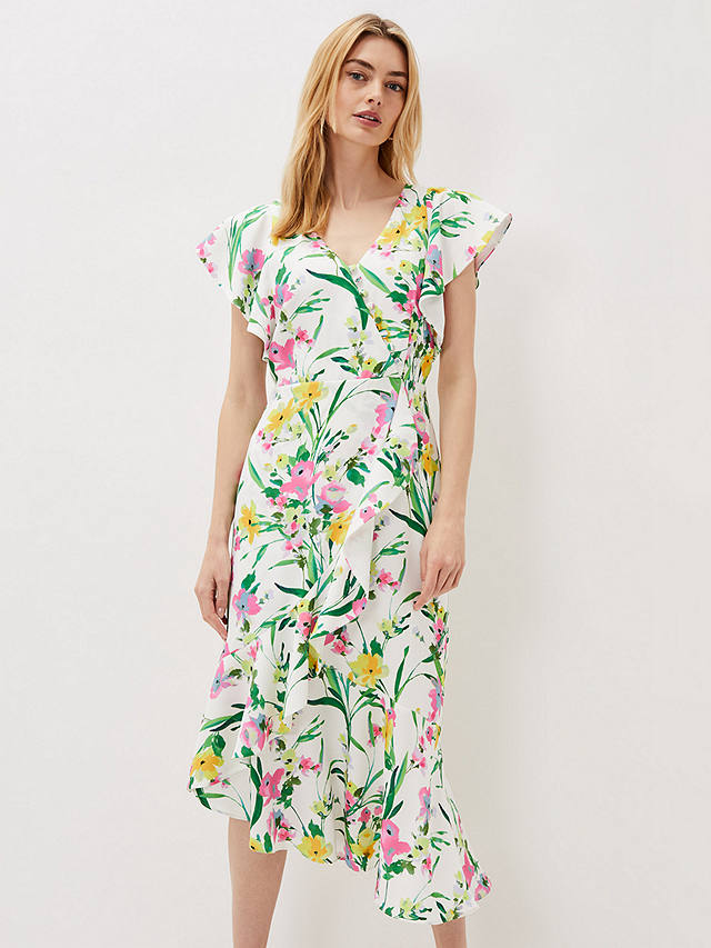 Phase Eight Evelin Floral Frill Midi Dress, Ivory/Multi