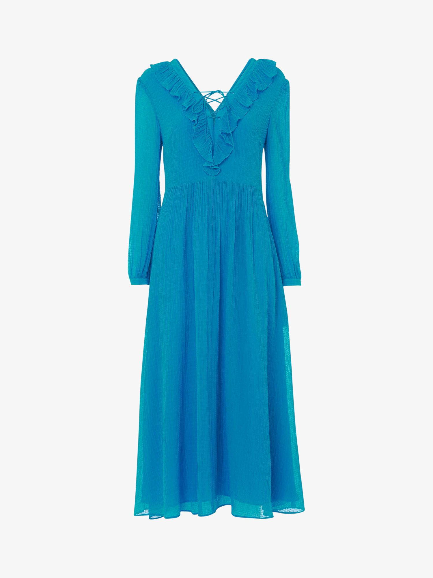 Whistles Ruffle Detail Midi Dress, Blue at John Lewis & Partners