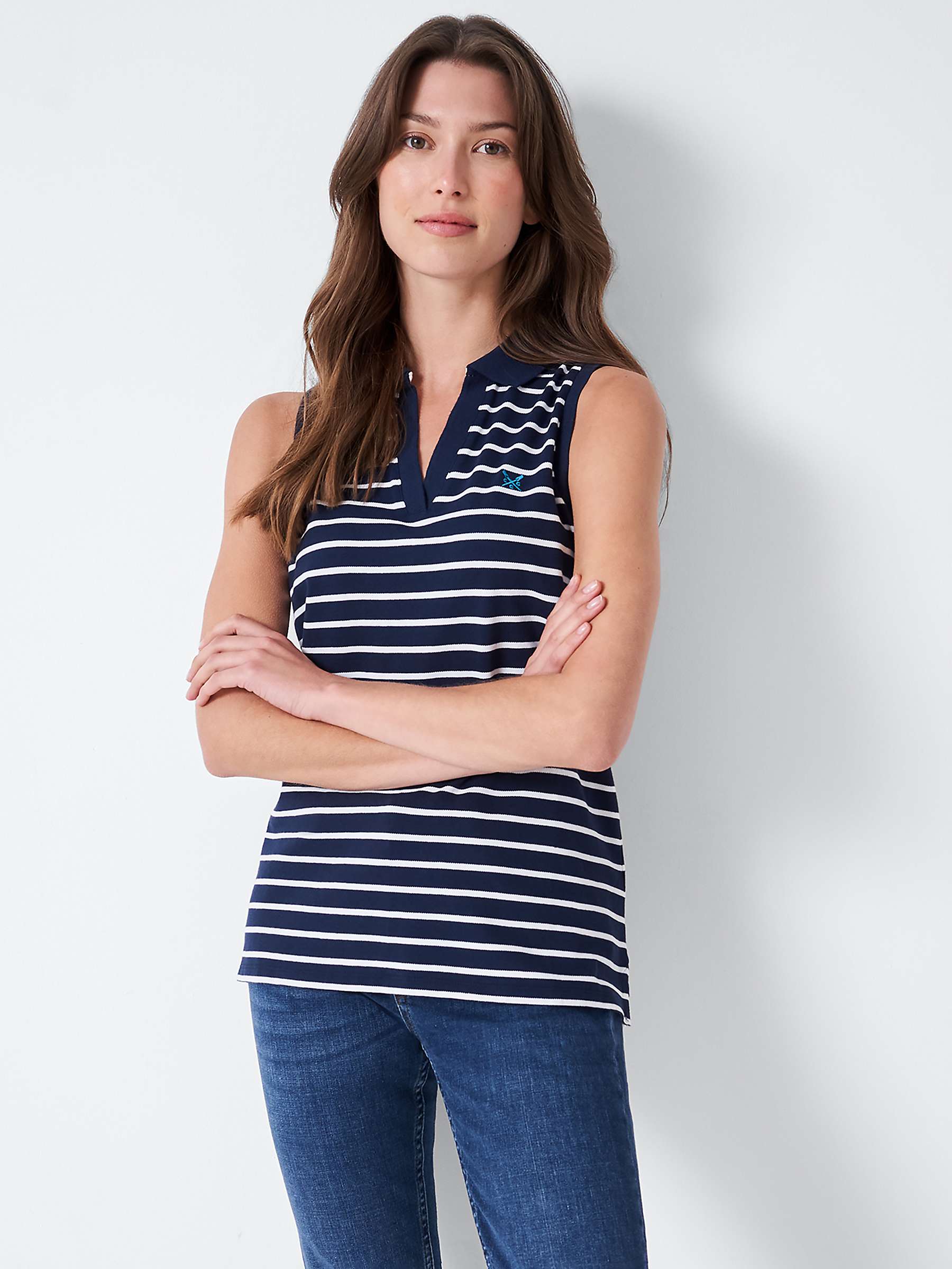 Crew Clothing Notch Neck Striped Polo Shirt, Navy at John Lewis & Partners