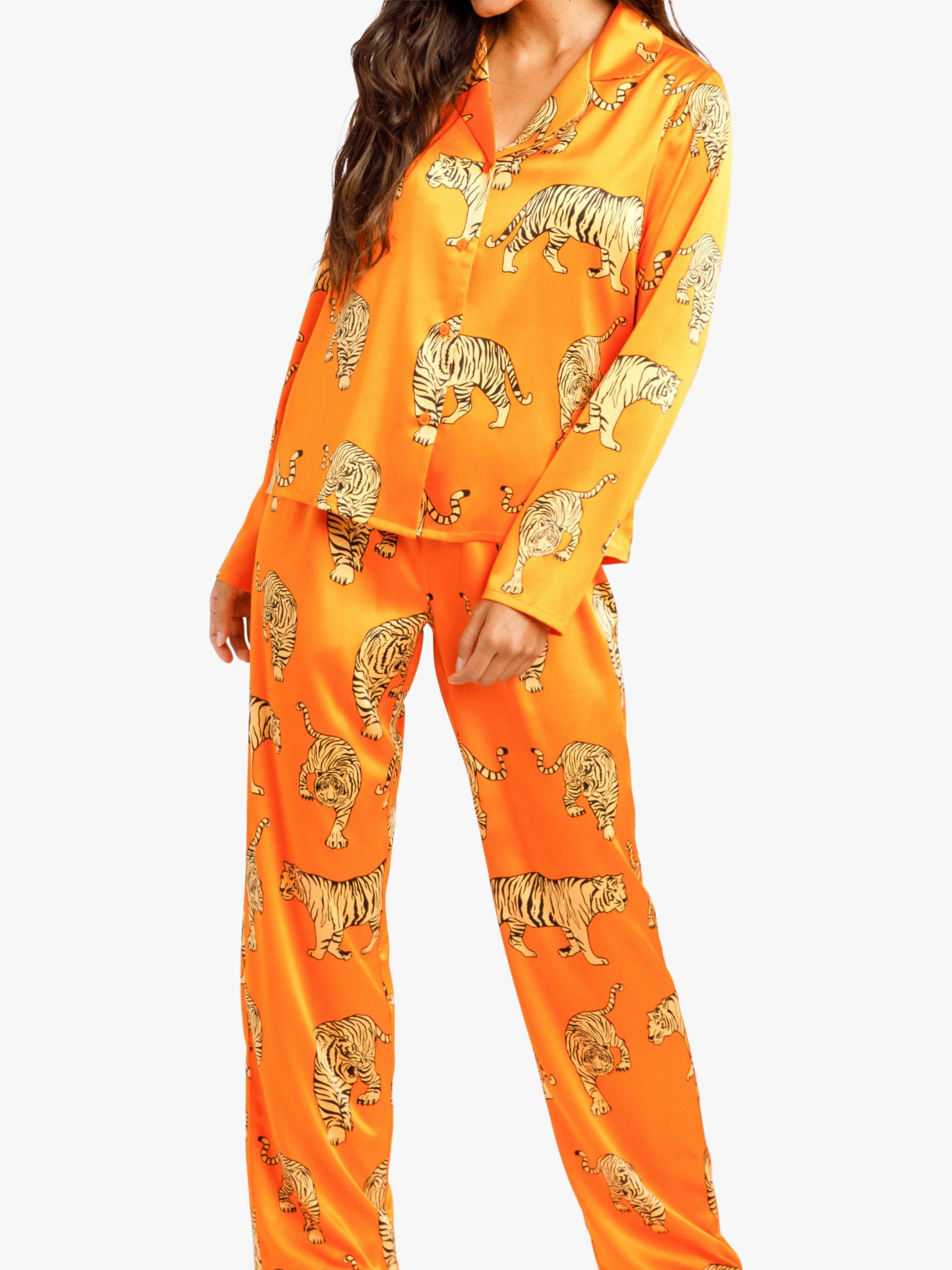 Chelsea Peers Satin Tiger Shirt Pyjama Set, Orange, XS