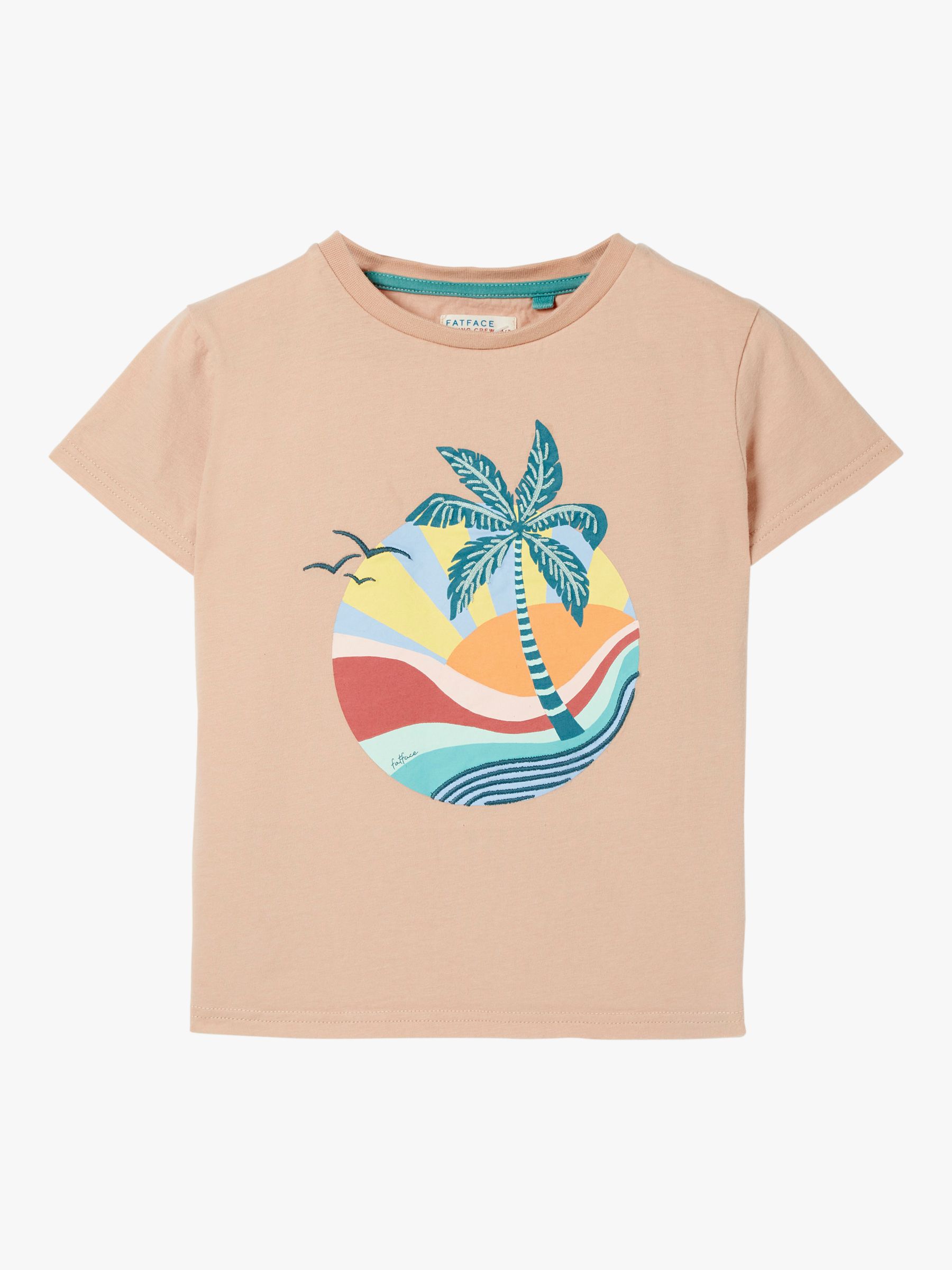 FatFace Kids' Cotton Relaxed Fit Palm Tree T-Shirt, Pale Pink