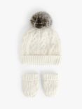 John Lewis Baby Cable Knit Bobble Hat & Mittens Set, Cream