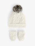 John Lewis Baby Cable Knit Bobble Hat & Mittens Set, Cream