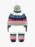 John Lewis Baby Stripe Trapper Hat & Mittens Set, Multi