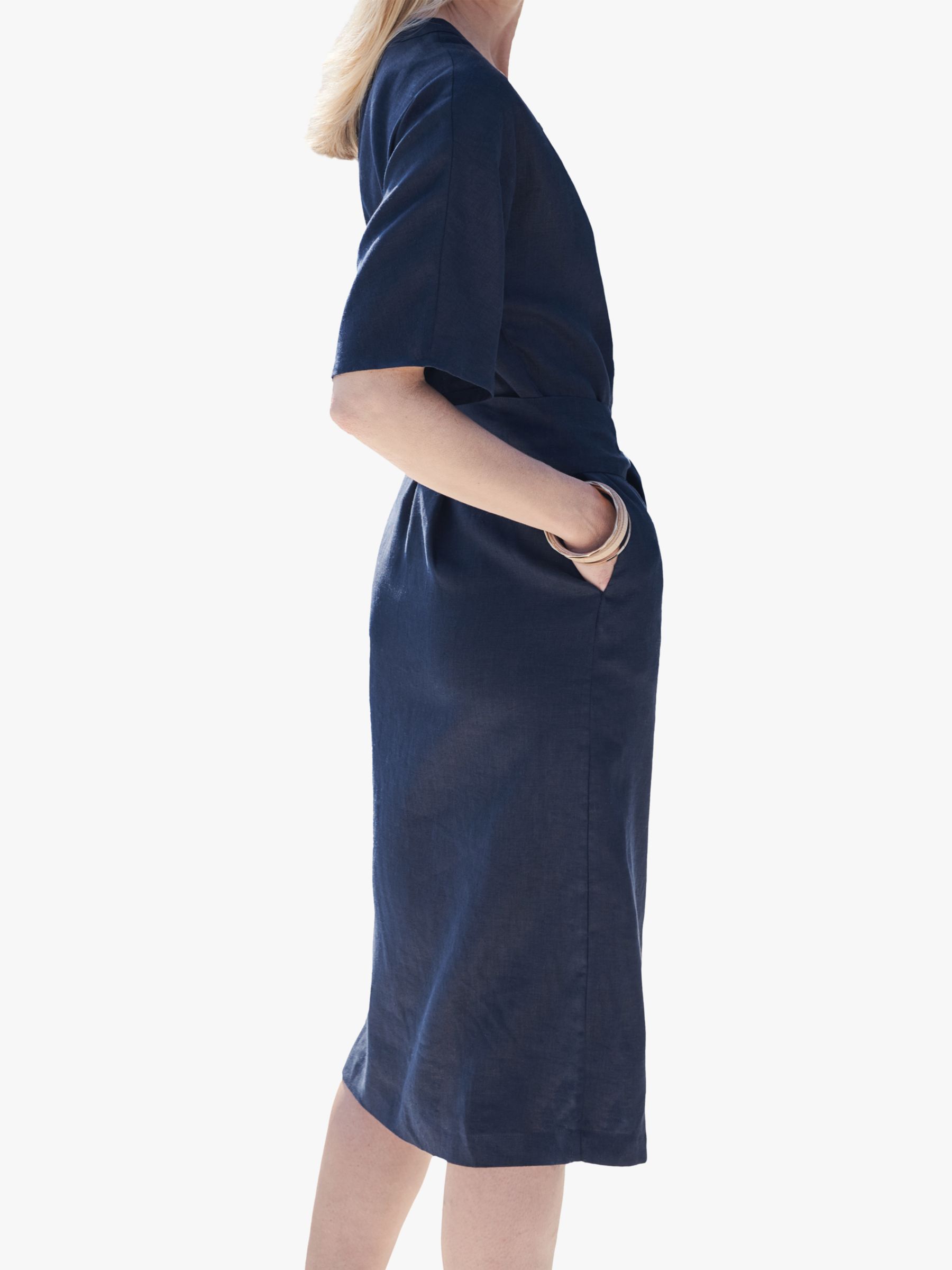 Pure Collection Button Through Linen Dress, French Navy, 8