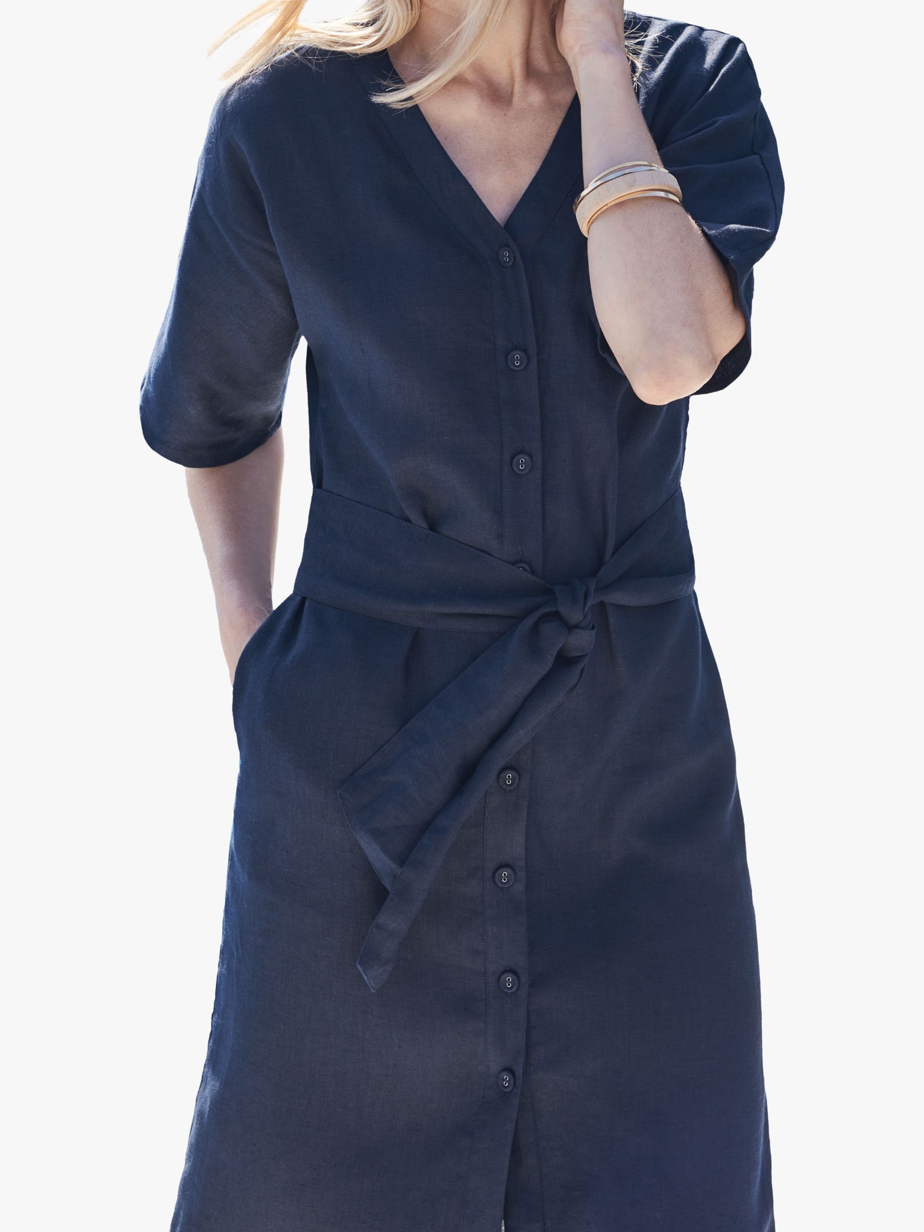Pure Collection Button Through Linen Dress, French Navy, 8
