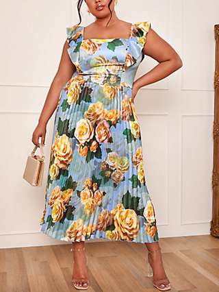 Chi Chi London Plus Size Ruffle Pleated Floral Midi Dress