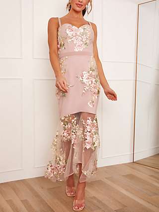 Chi Chi London Peplum Floral Lace Dress, Blush