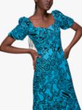 Whistles Starflower Print Puff Sleeve Linen Blend Midi Dress, Blue/Multi