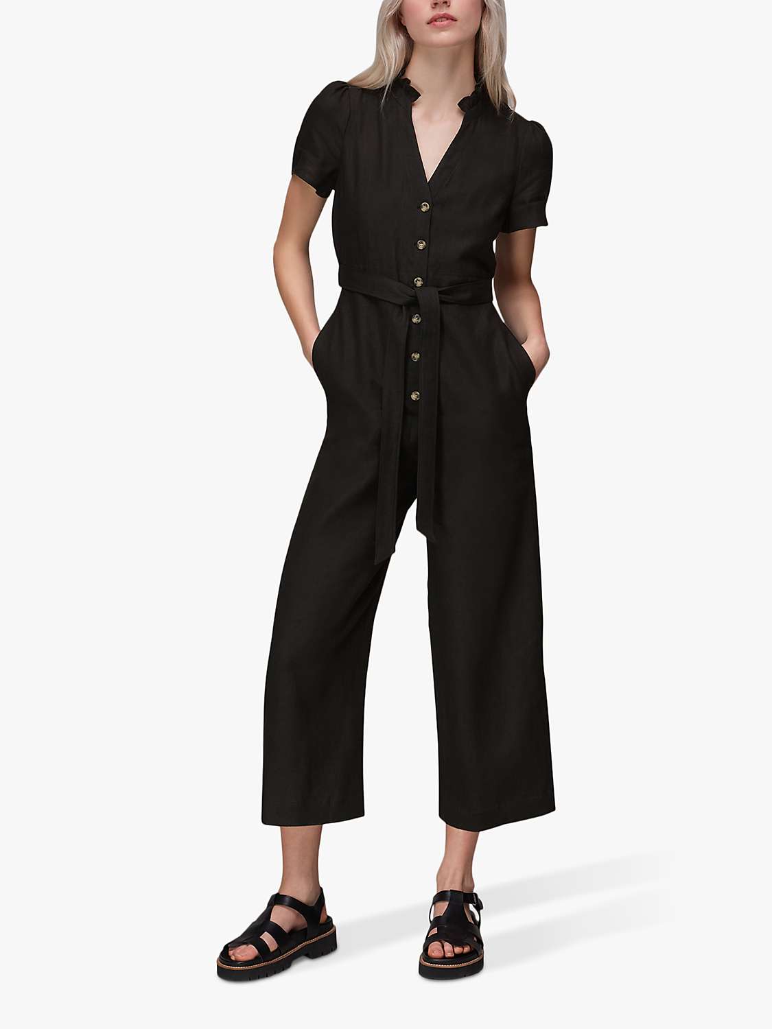 Whistles Emmie Cropped Linen Jumpsuit, Black at John Lewis & Partners
