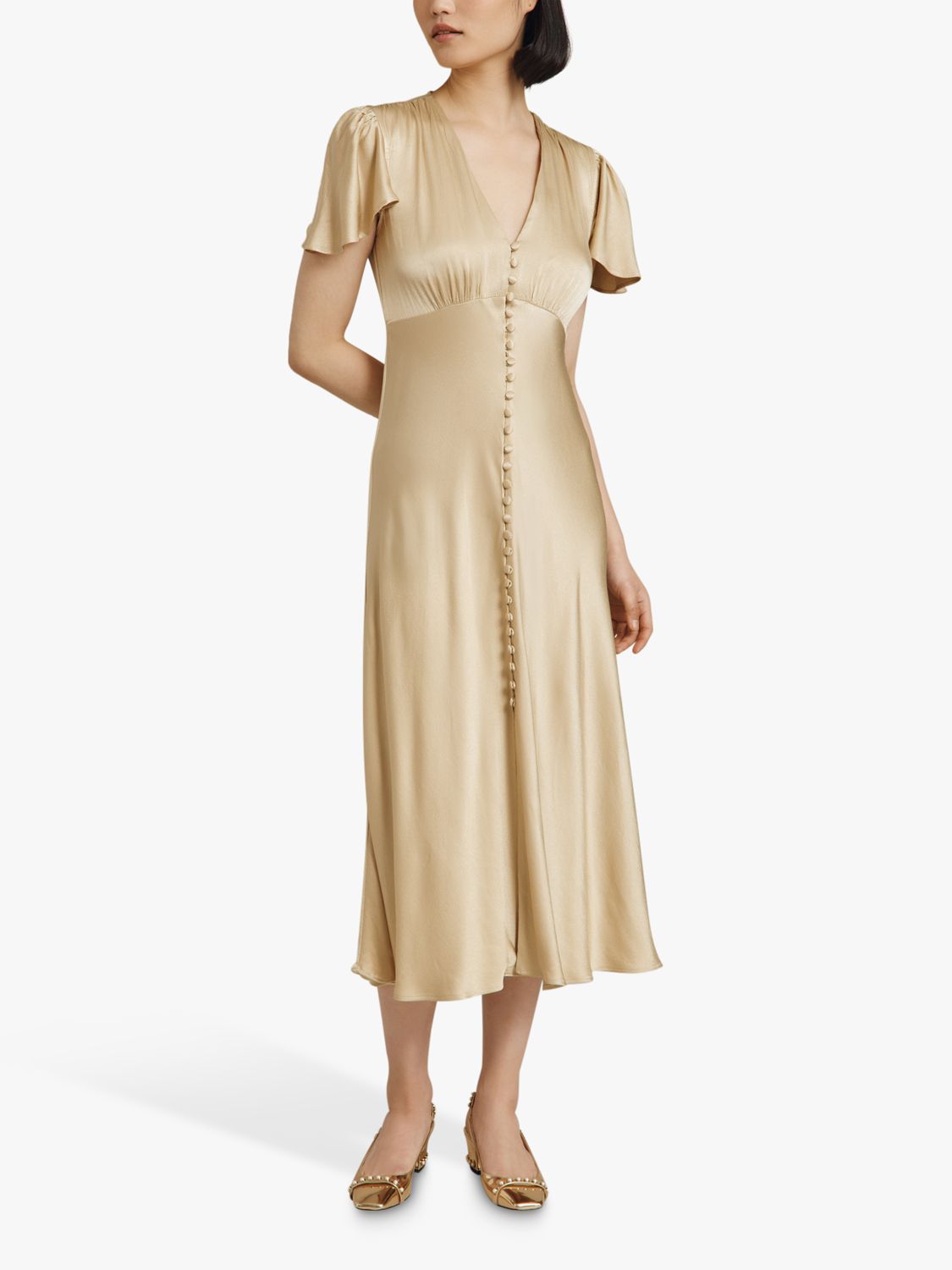 Ghost Grace Satin Swing Midi Dress, Champagne at John Lewis & Partners