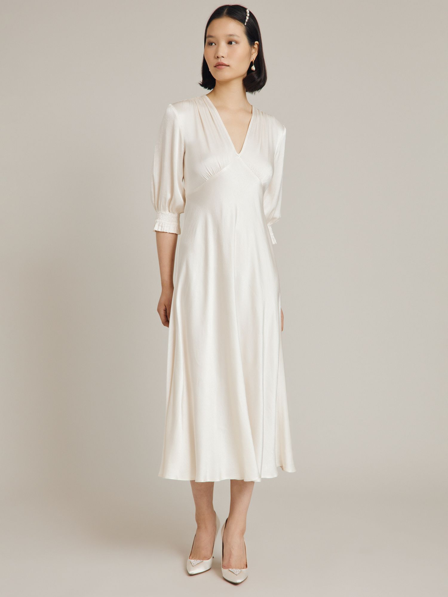 Ghost Elle Satin Midi Dress, Ivory at John Lewis & Partners