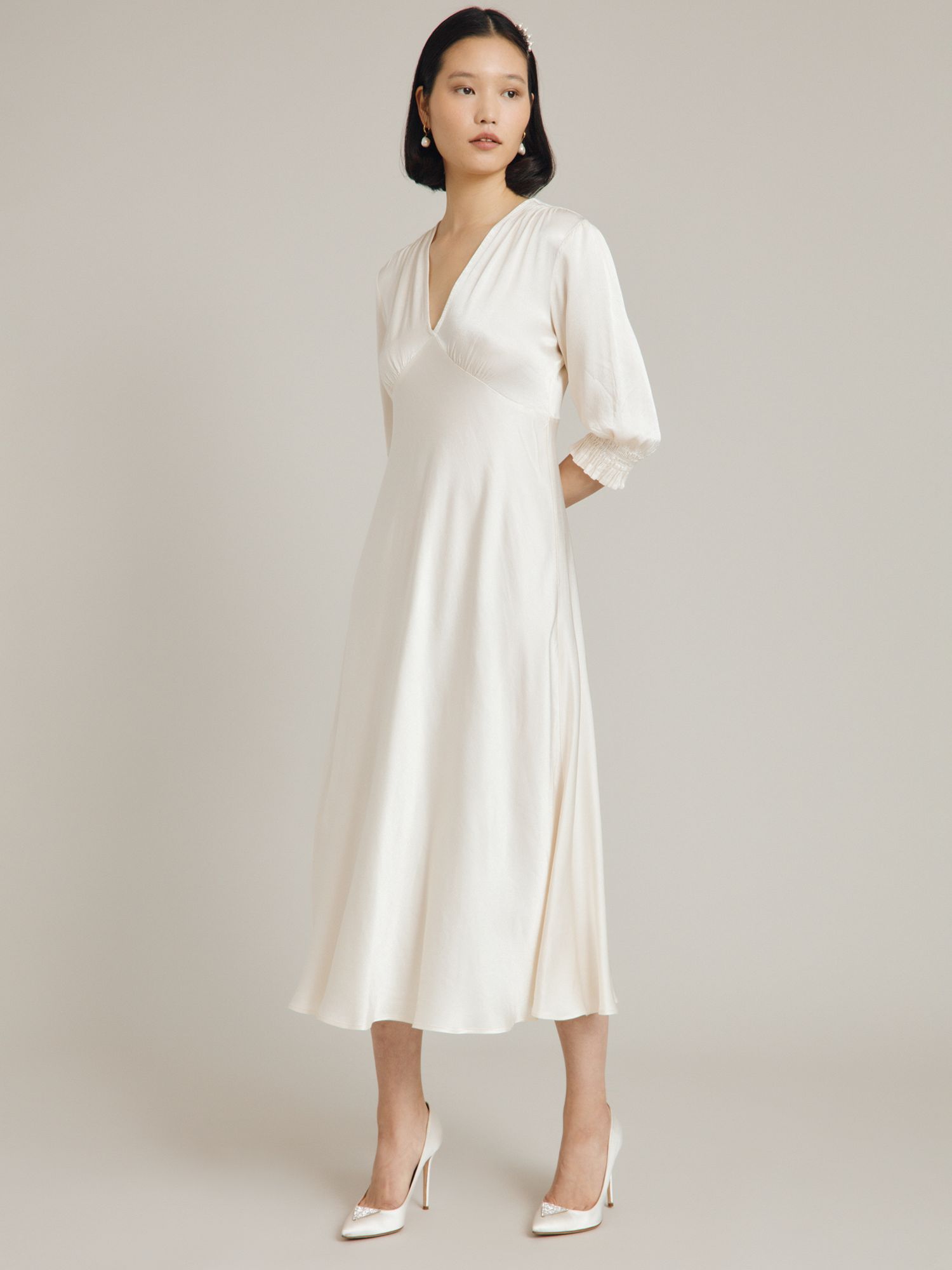 Ghost Elle Satin Midi Dress, Ivory at John Lewis & Partners