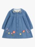 Frugi Kids' Organic Cotton Floral Embroidered Chambray Dress, Blue