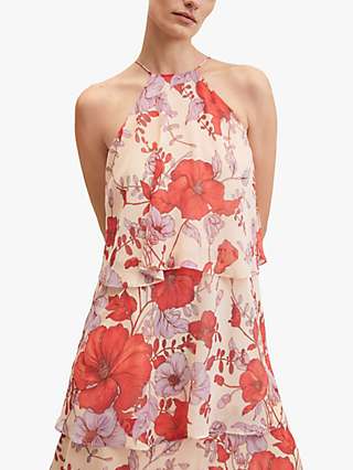 Mango Love Floral Print Tiered Maxi Dress, Red/Multi