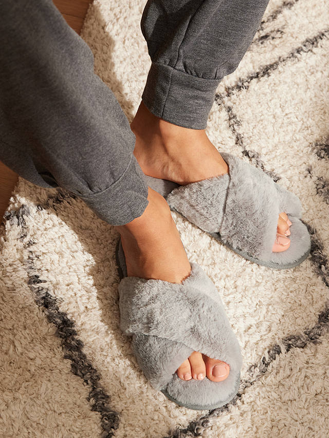 John Lewis ANYDAY Cross Strap Recycled Faux Fur Mule Slippers, Grey