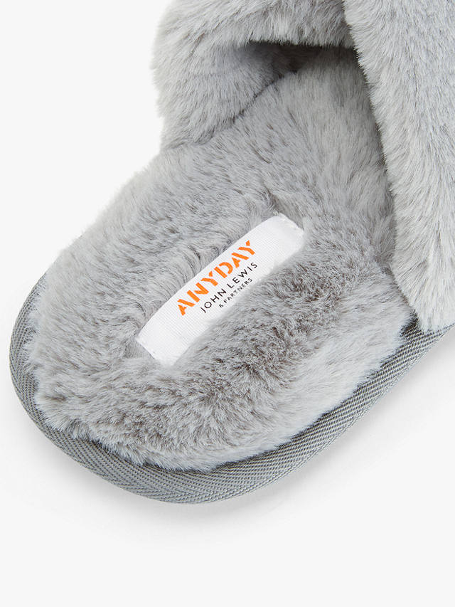 John Lewis ANYDAY Cross Strap Recycled Faux Fur Mule Slippers, Grey