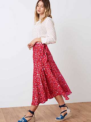 Brora Silk Cotton Floral Folk Wrap Midi Skirt, Crimson