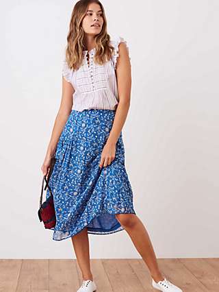 Brora Folk Floral Silk Midi Skirt, Cobalt/Multi