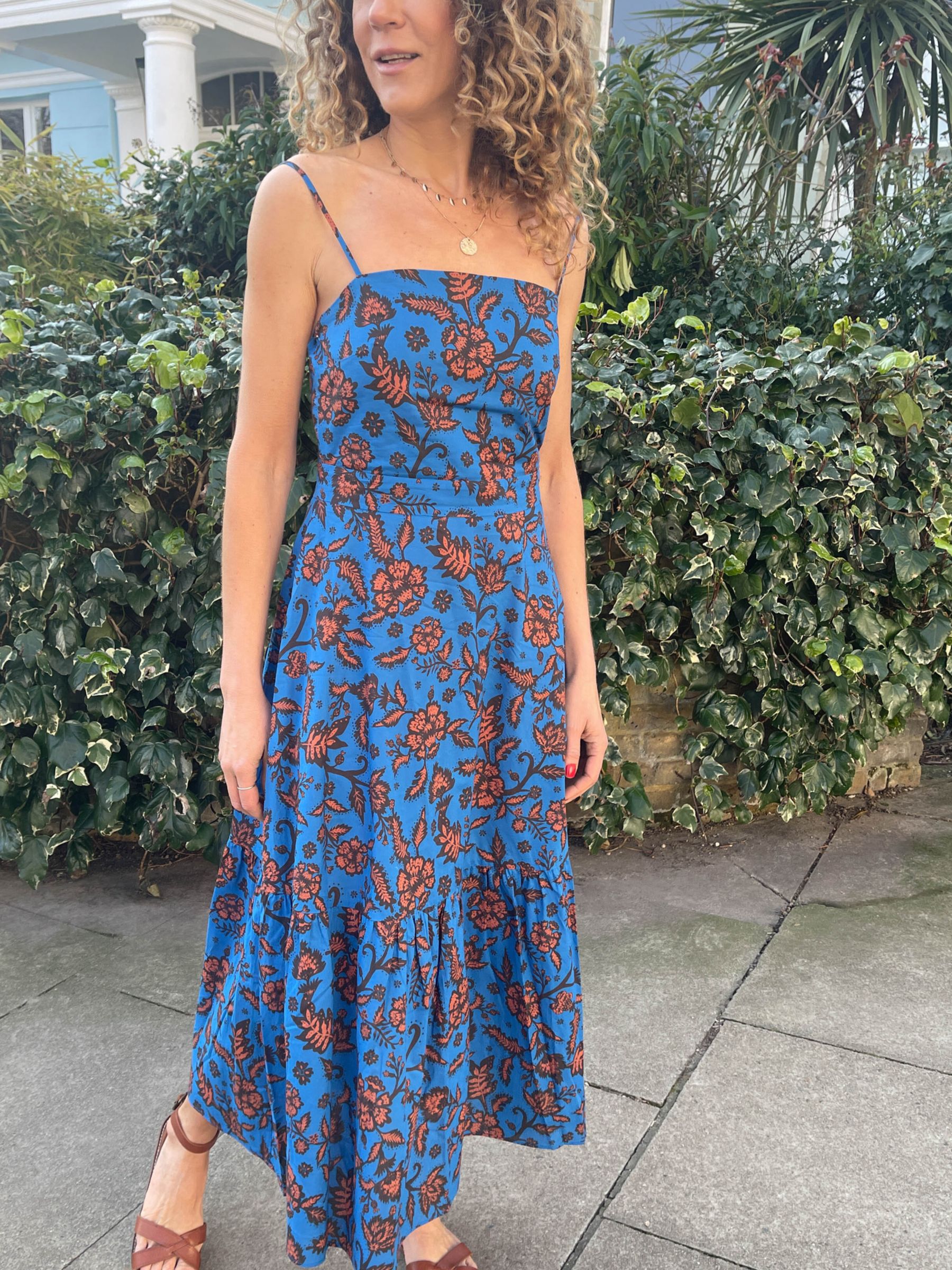 Baukjen Tammy Floral Print Organic Cotton Tiered Dress, Blue Bold Capri, 6