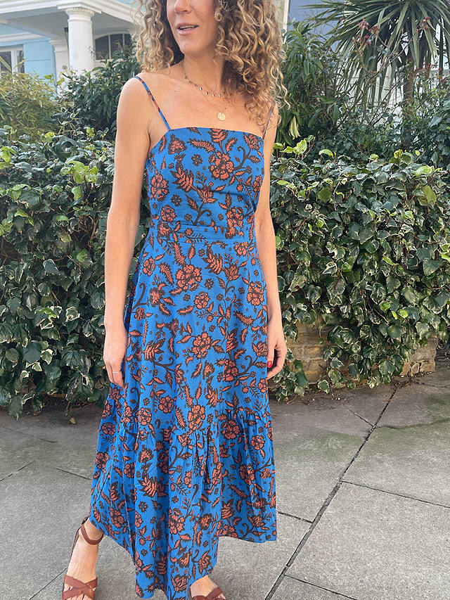 Baukjen Tammy Floral Print Organic Cotton Tiered Dress, Blue Bold Capri